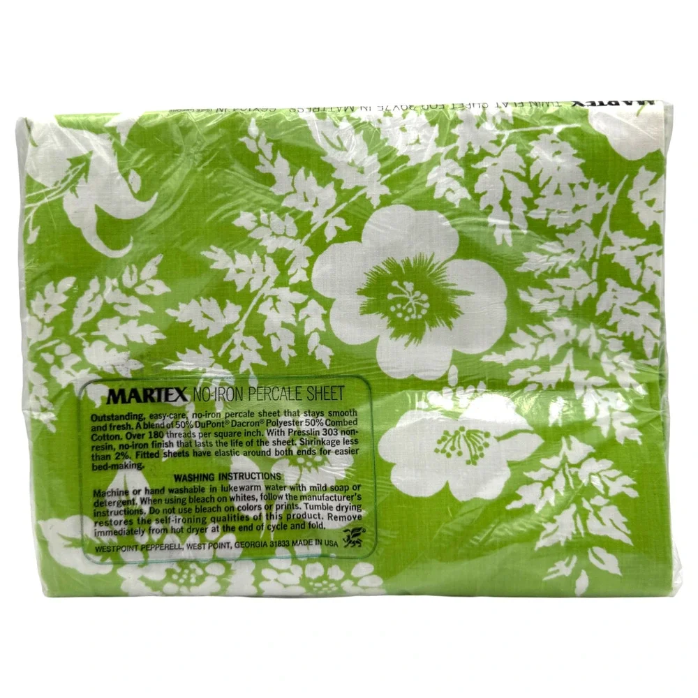 Vintage Martex TWIN Flat Sheet No Iron Percale Green Floral Fern NIP Sealed NOS
